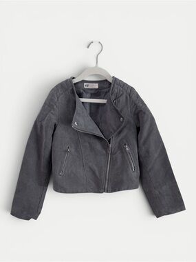 H&M Gray Faux Suede Moto Jacket Girls Size 7-8Y Cropped Zip Jacket